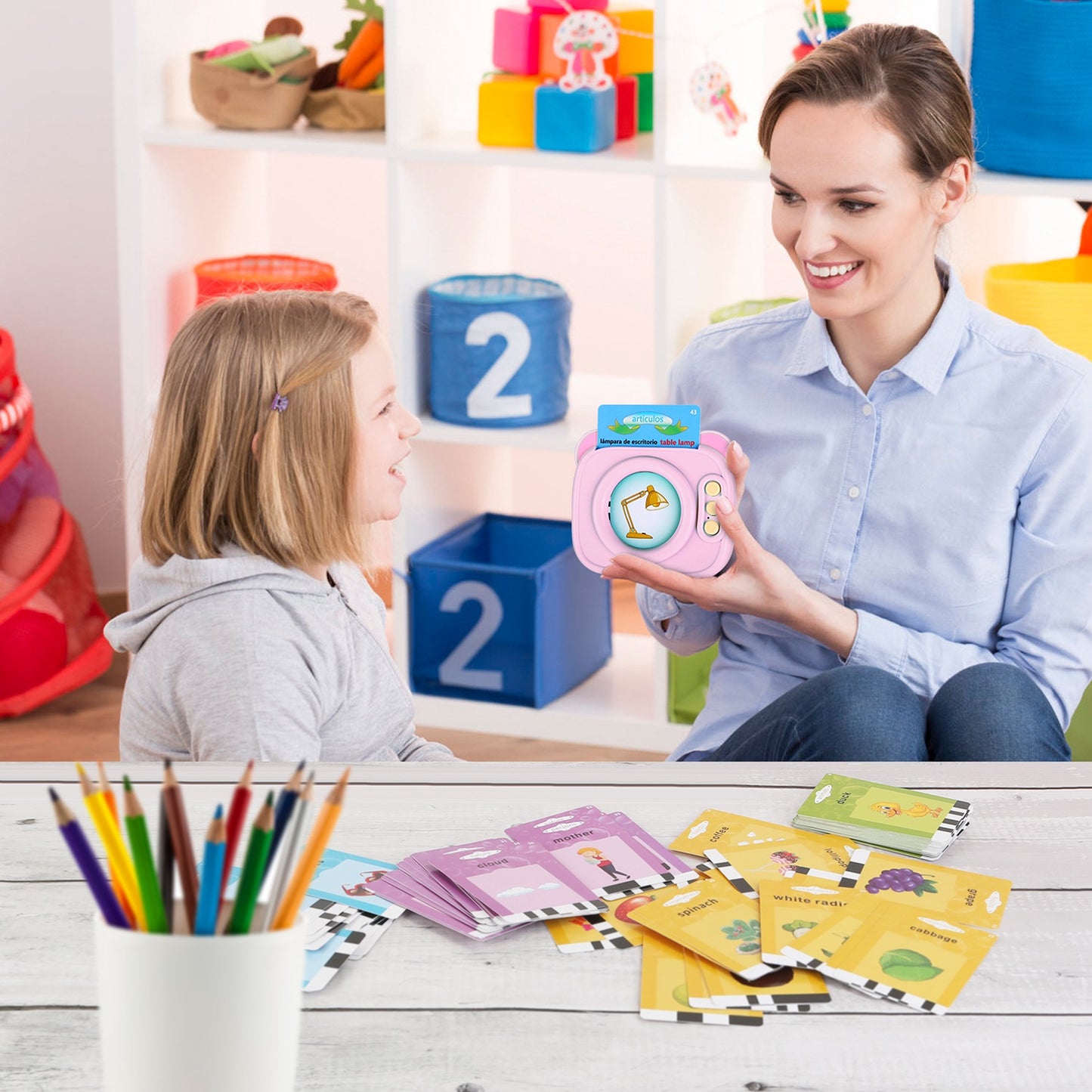 Blue-Pink Color Options -- 1Pc Spanish & English Talking Flash Cards 224 Sight Words Bilingual Flash Cards Rechargeable Card Early Educational Toy For Boys Girls Aged 1 2 3 4 5 6 7 8 Years Old